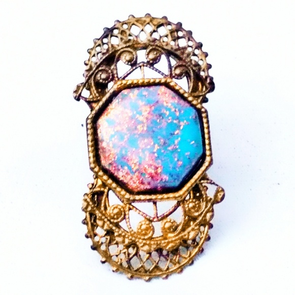 Vintage Jewelry - Vintage Victorian XL Brass & Turquoise Ring
